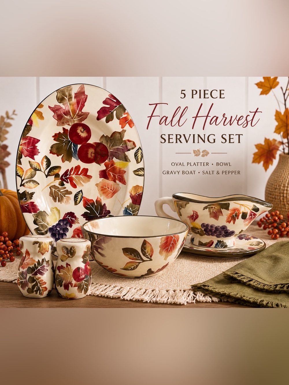 5 Pc Fall Harvest Serving Set Platter Bowl Gravy Boat Salt Pepper Autumn Leaves